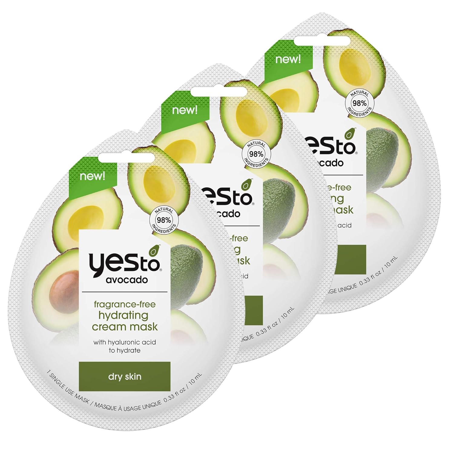 Yes To Avocado Fragrance-Free Hydrating Cream Mask - Vegan & Cruelty Free, 3-Pack